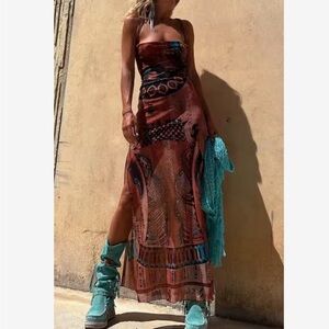 Bohemian Strapless Maxi Dress in Rust Print